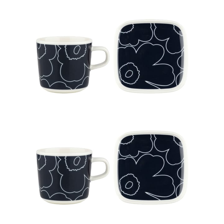 Filiżanka i spodek Piirto Unikko 20 cl, zestaw 4 części - White-dark blue - Marimekko