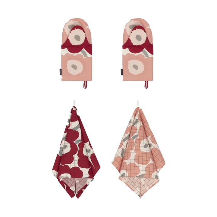 Pieni Unikko ręcznik kuchenny + rękawica kuchenna, Zestaw 4 części - Cotton-dark cherry-rose - Marimekko