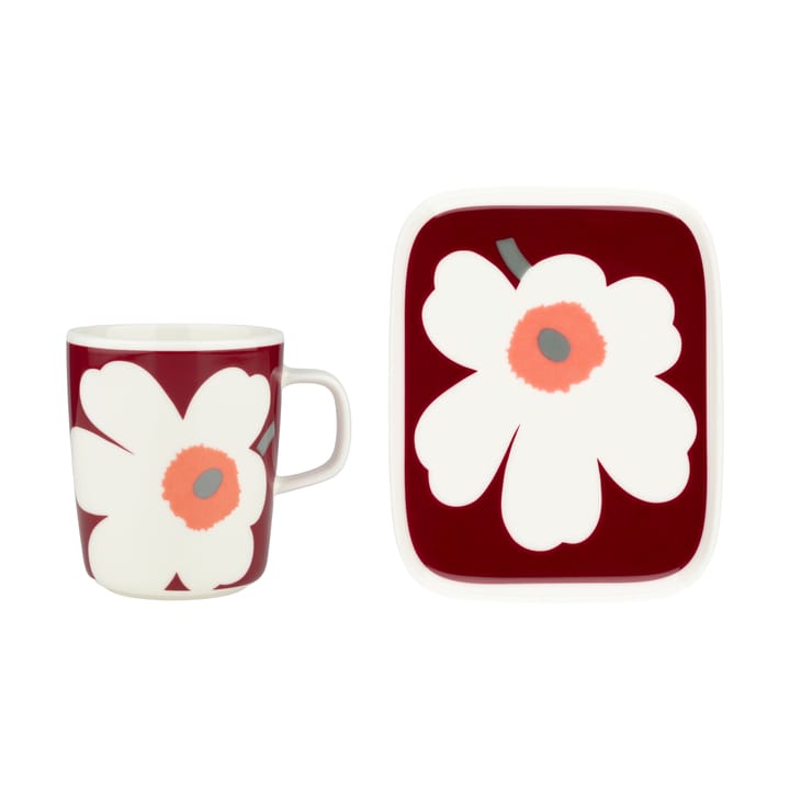 Unikko 60-lecie kubek 25 cl + talerz 12x15 cm - White-dark cherry-ash grey - Marimekko