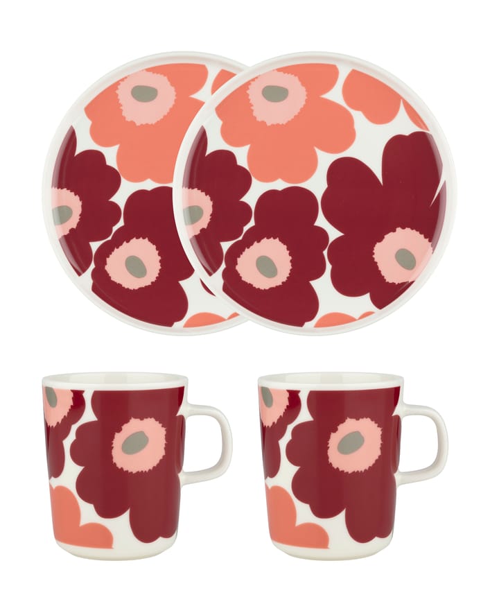 Zestaw śniadaniowy Unikko, White-dark cherry-salmon red Marimekko