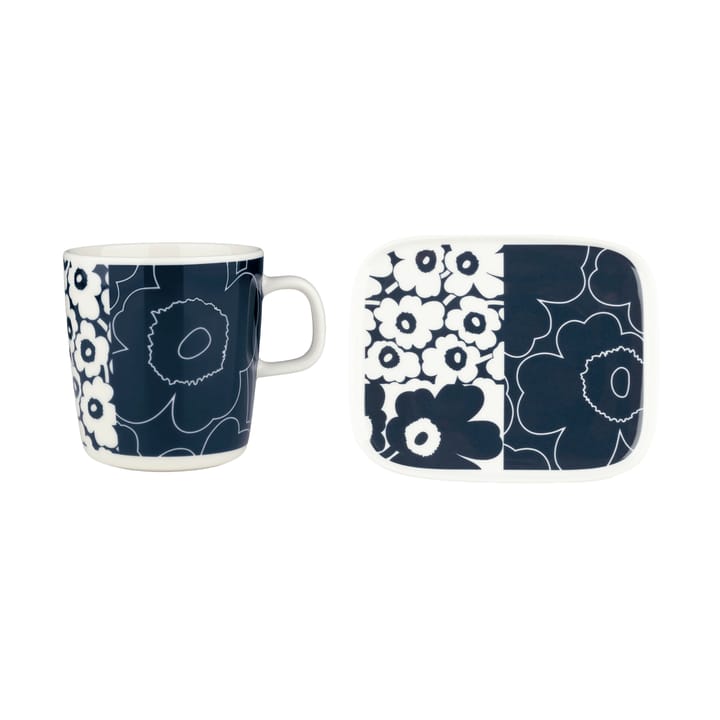 Zestaw Unikko Kollaasi taca + kubek - White-dark blue - Marimekko