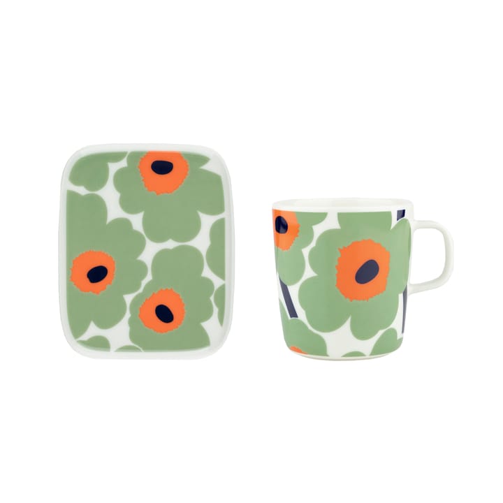 Zestaw Unikko kubek 40 cl + talerz 12x15 cm - White-sage-orange-dark blue - Marimekko