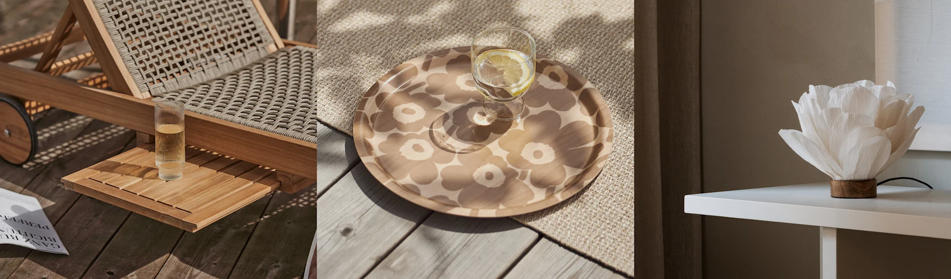 Trzy panele. Lewo: Pleciony leżak, szklanka, magazyn. Środek: Taca w kwiaty z napojem. Prawo: Biała lampa w kształcie kwiatu.